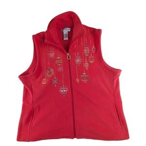 Women's Red Fleece Zip Up Vest Christmas Ornament Embroidery Wreath Zipper PXL